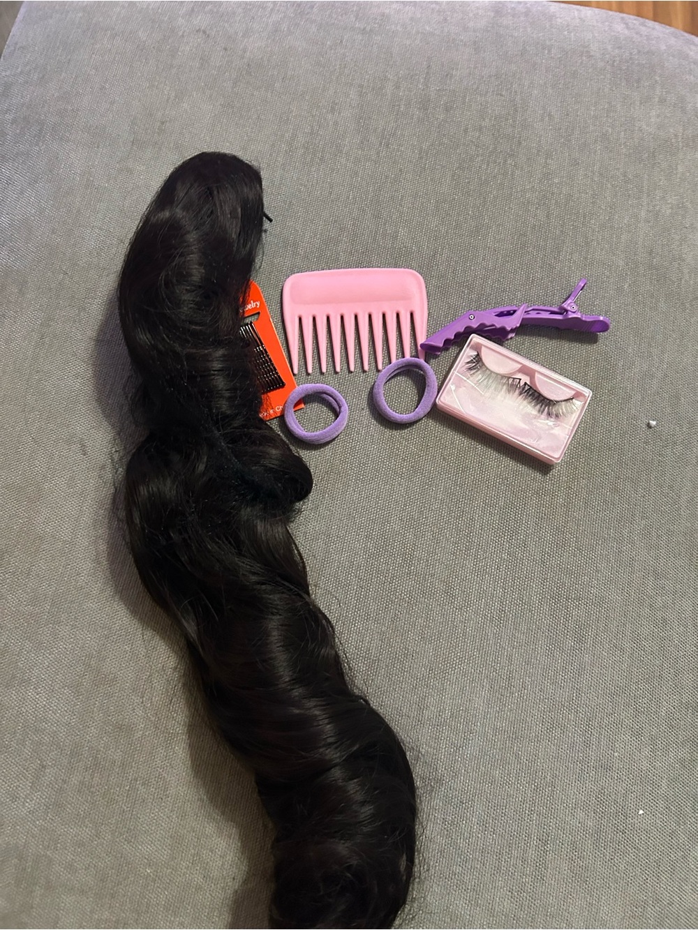 Black Clip-In Hair Extension Set with Pink Comb and Purple Accessories